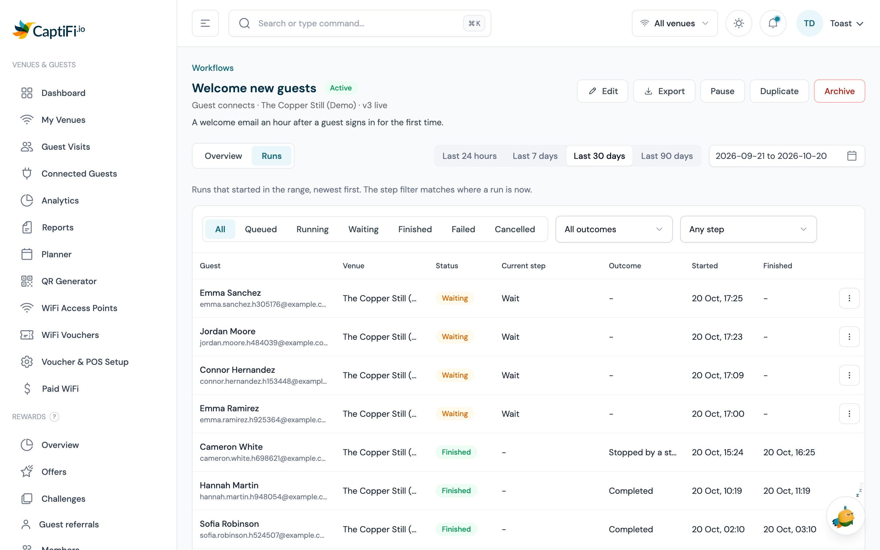 The runs list for a welcome workflow: guest, venue, version, started, status and outcome, one row waiting, one stopped