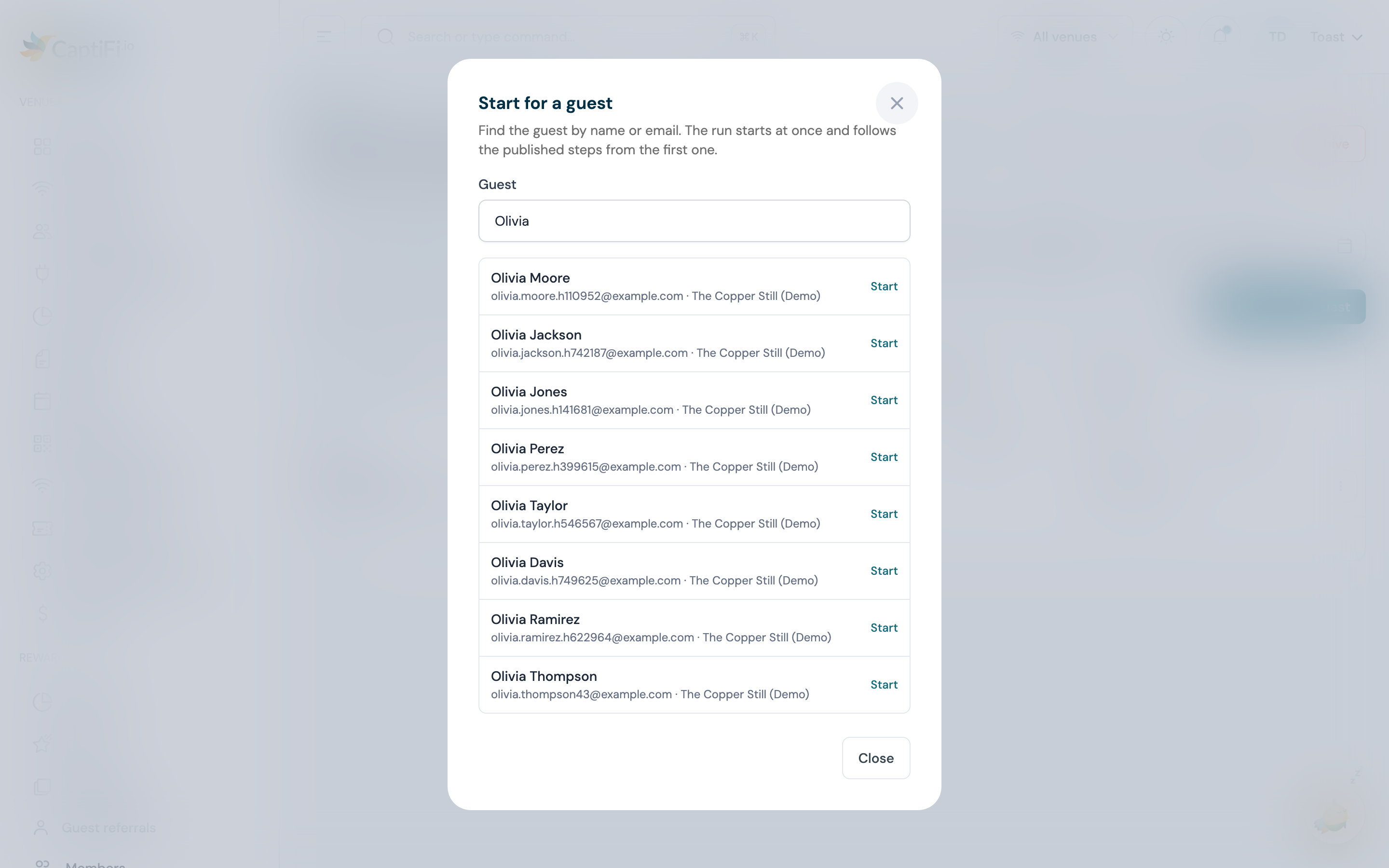 The Start for a guest modal with a guest chosen from the search and the Start button