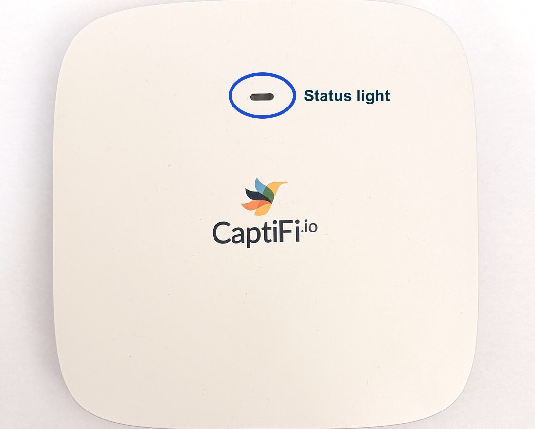The CaptiFi access point, with the status light on the front edge circled