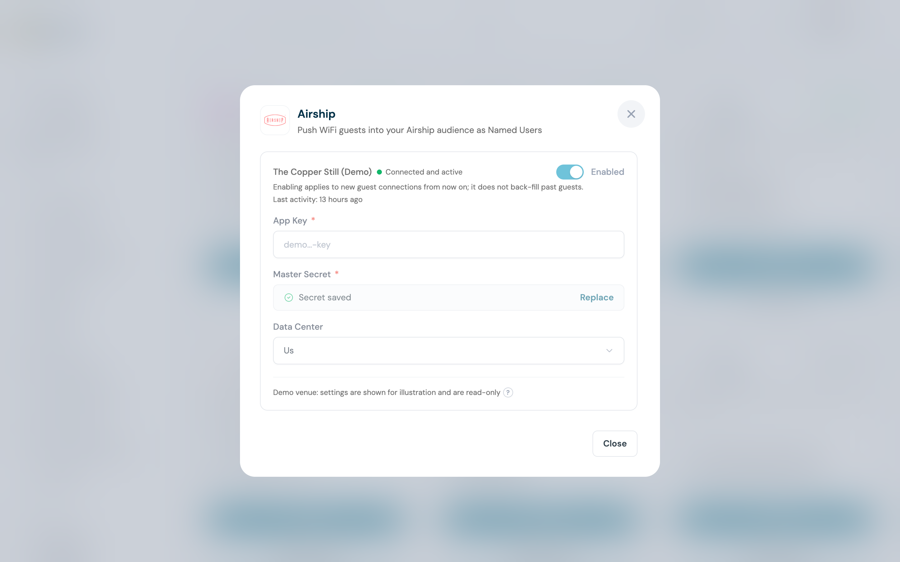 The CaptiFi Airship configuration panel showing the venue toggle, the App Key field, a saved Master Secret and the Data Center picker
