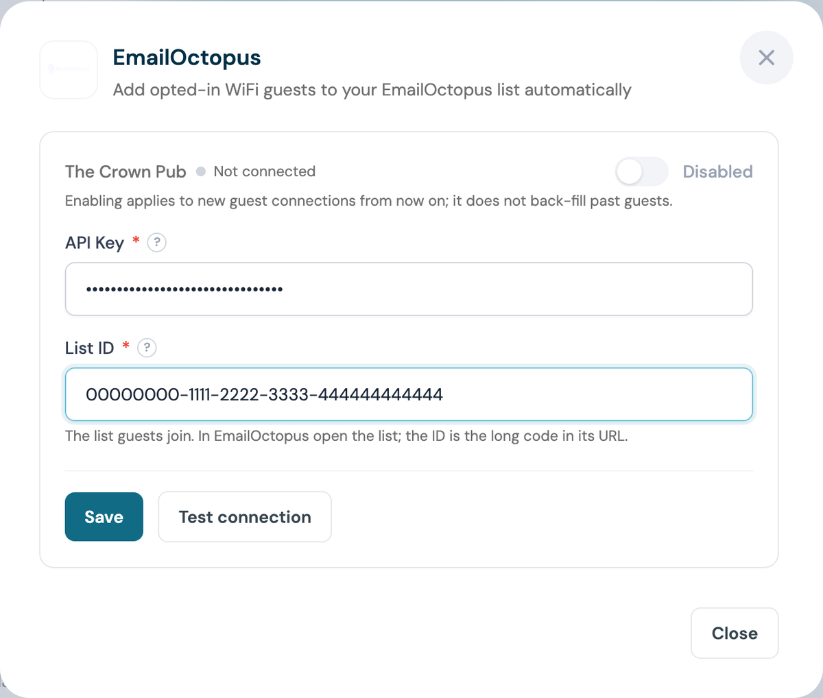 CaptiFi EmailOctopus configuration panel with the API key and List ID entered