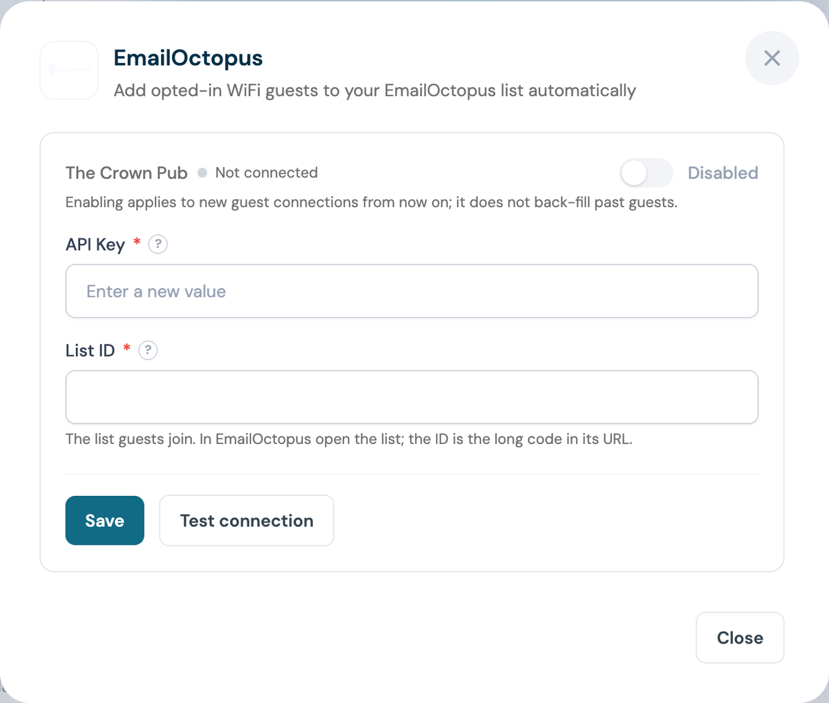 CaptiFi EmailOctopus configuration panel with the API Key and List ID fields empty
