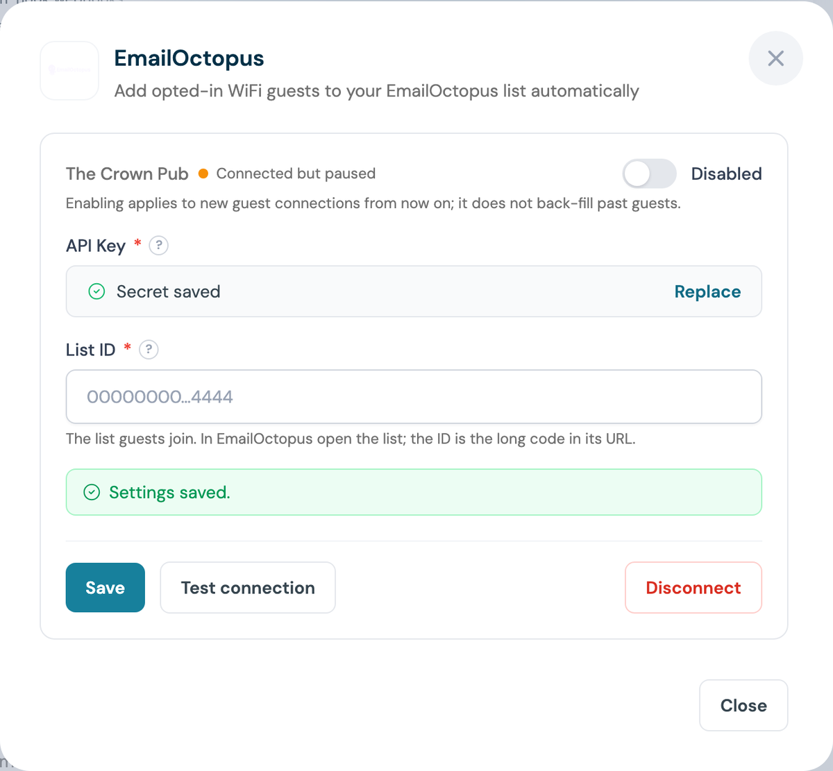 CaptiFi EmailOctopus panel after saving, showing the secret saved confirmation