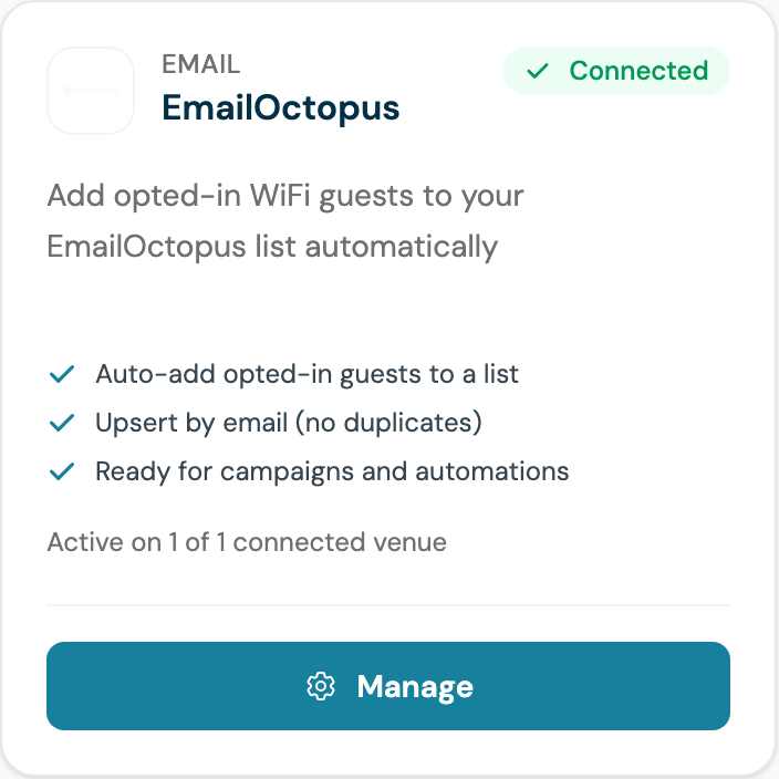 CaptiFi Integrations page EmailOctopus card showing Connected and active on one venue