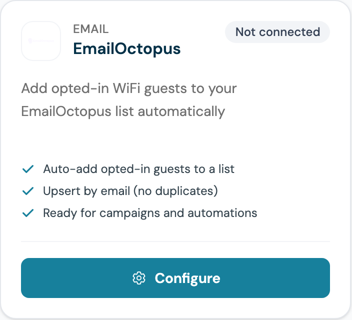 CaptiFi Integrations page EmailOctopus card showing Not connected and the Configure button
