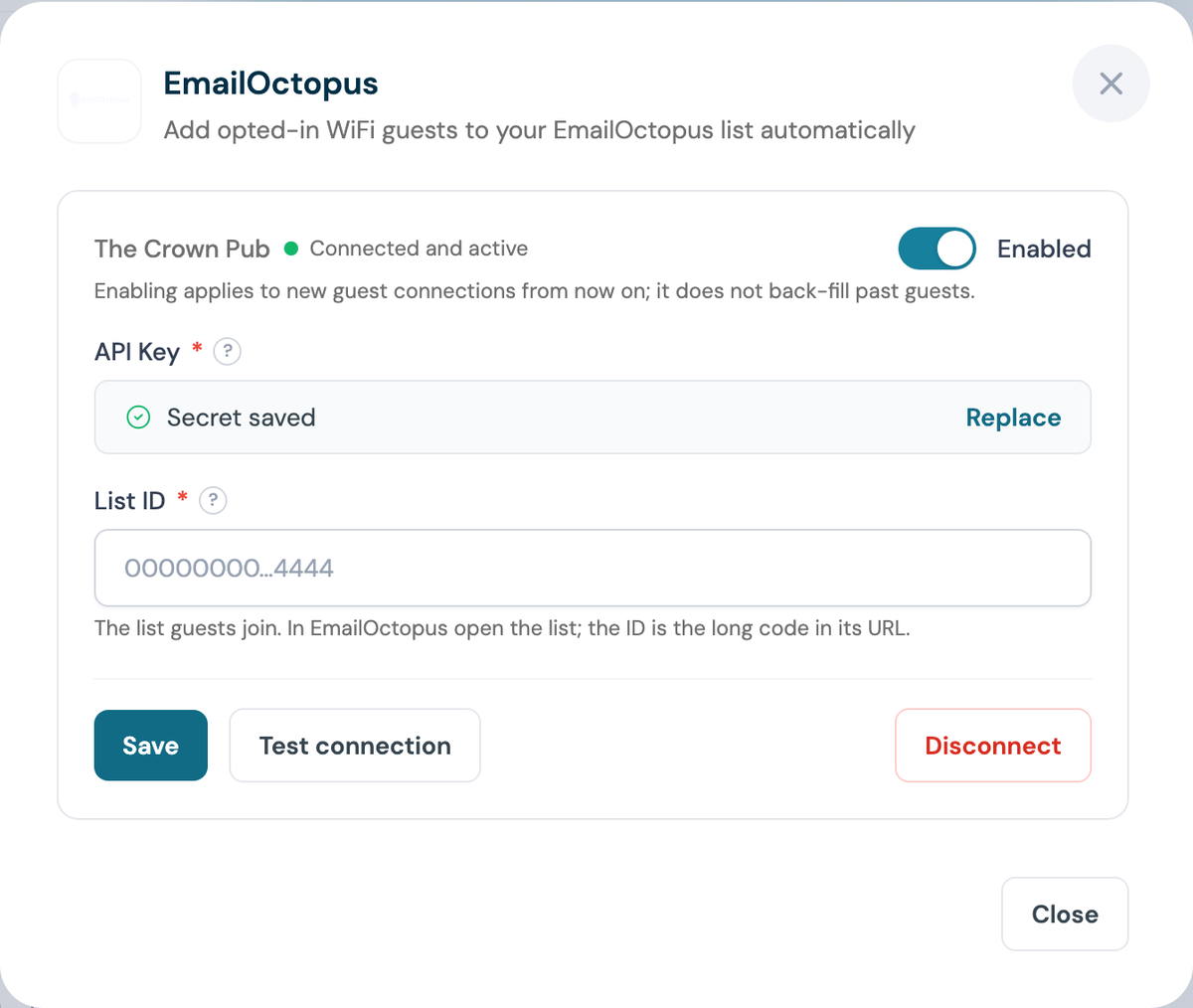 CaptiFi EmailOctopus integration enabled for the venue