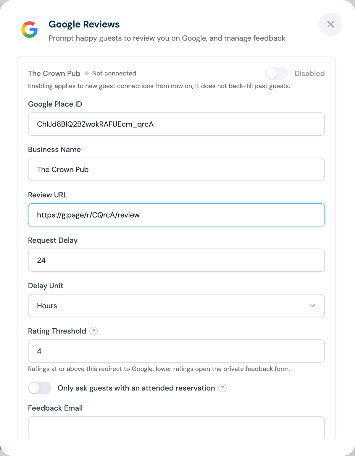 CaptiFi Google Reviews configuration panel completed with a Place ID, business name and review URL