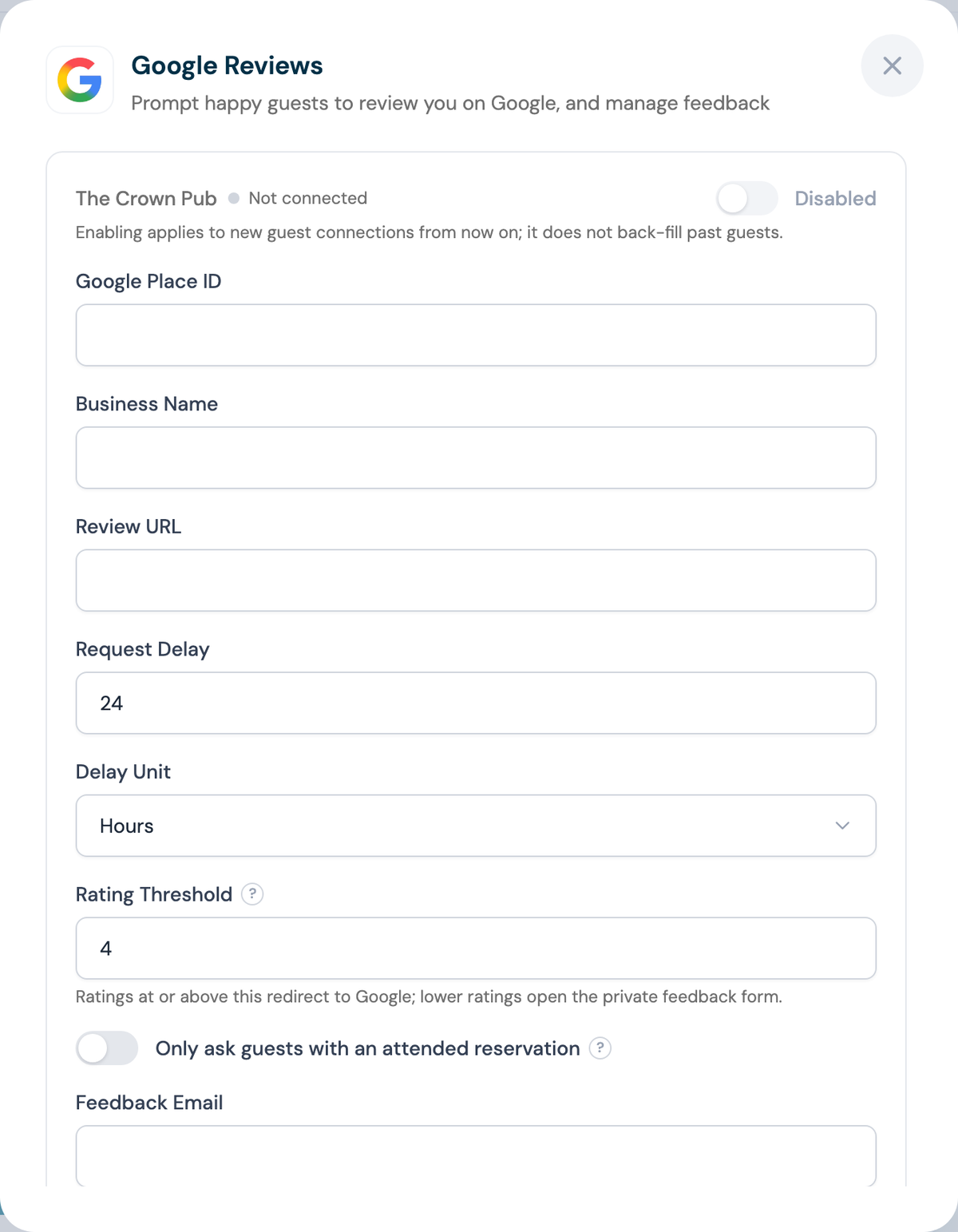 CaptiFi Google Reviews configuration panel with Place ID, business name, review URL, delay and rating threshold fields