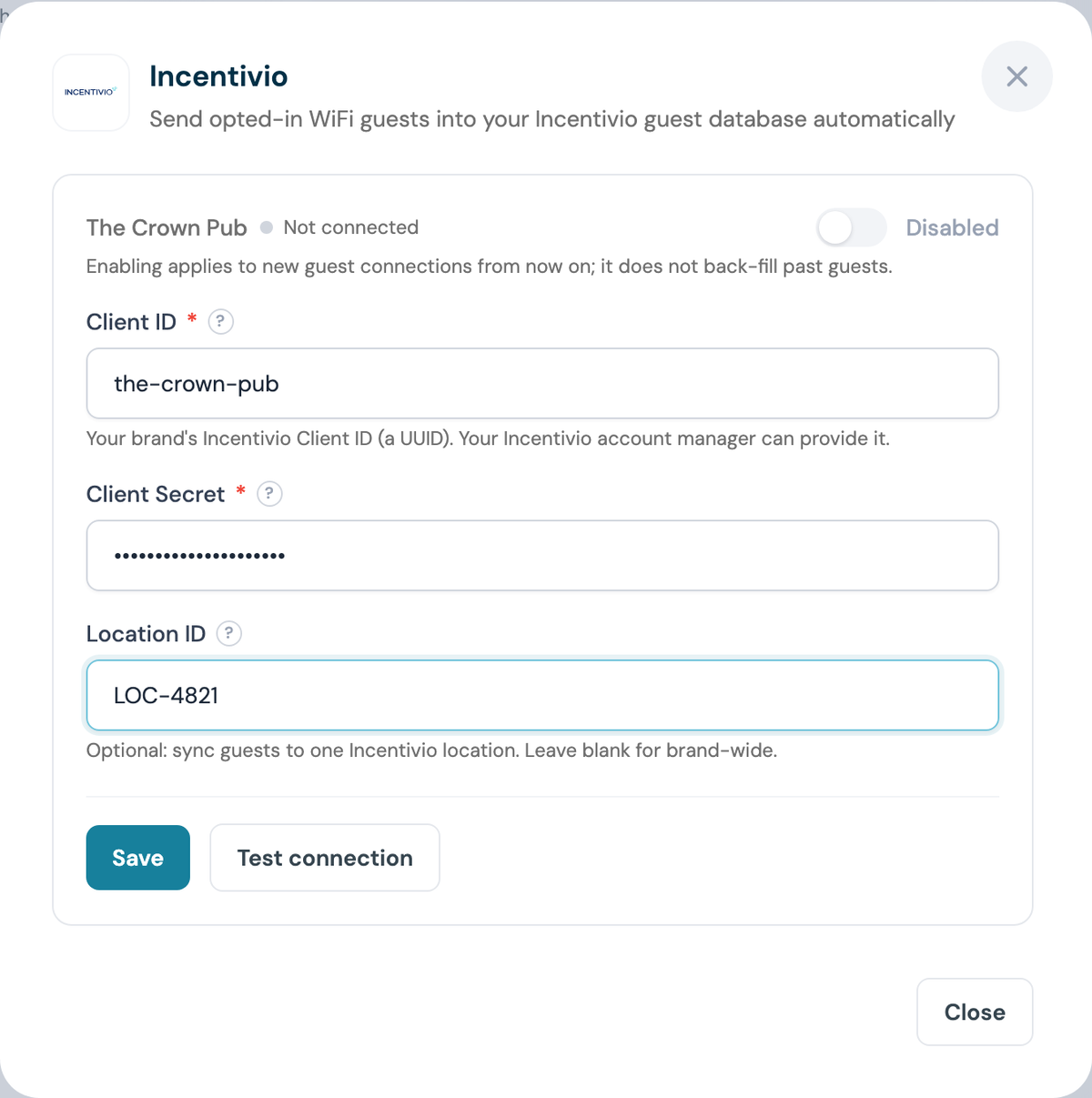 CaptiFi Incentivio configuration panel with the Client ID, Client Secret and Location ID entered