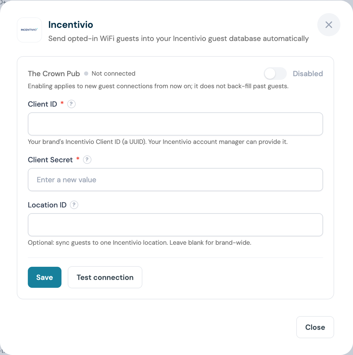 CaptiFi Incentivio configuration panel with the Client ID, Client Secret and Location ID fields empty