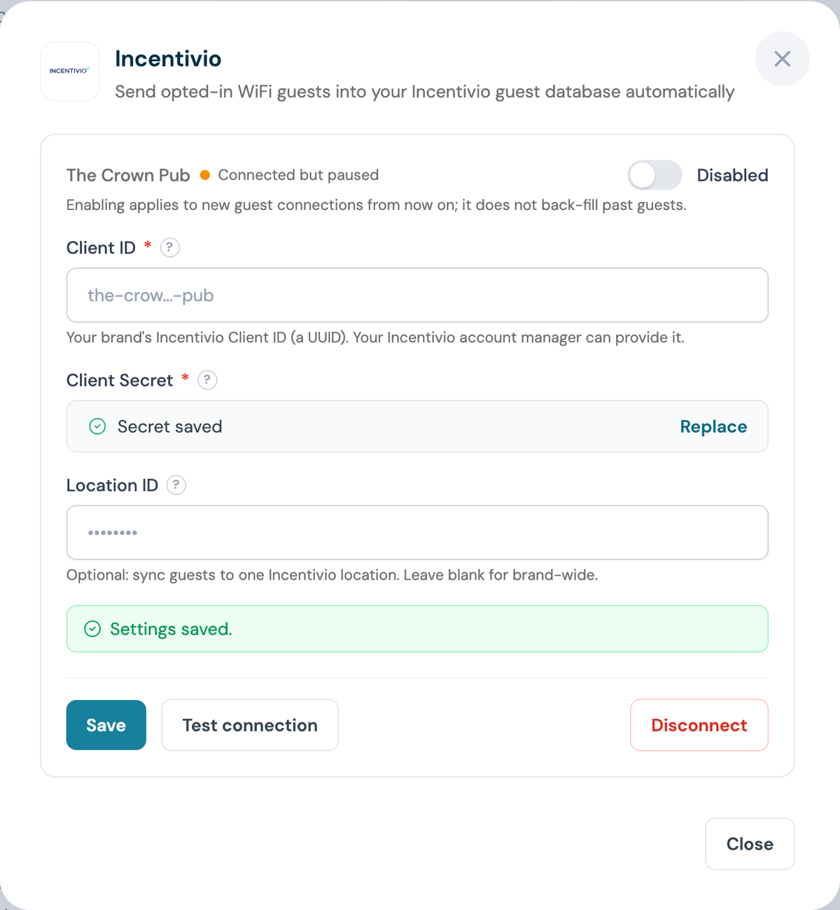 CaptiFi Incentivio panel after saving, showing the secret saved confirmation