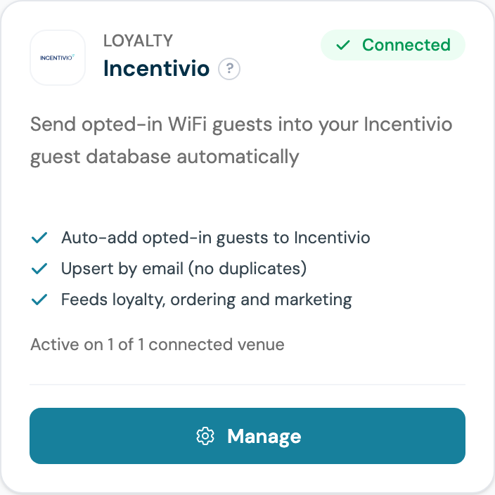 CaptiFi Integrations page Incentivio card showing Connected and active on one venue