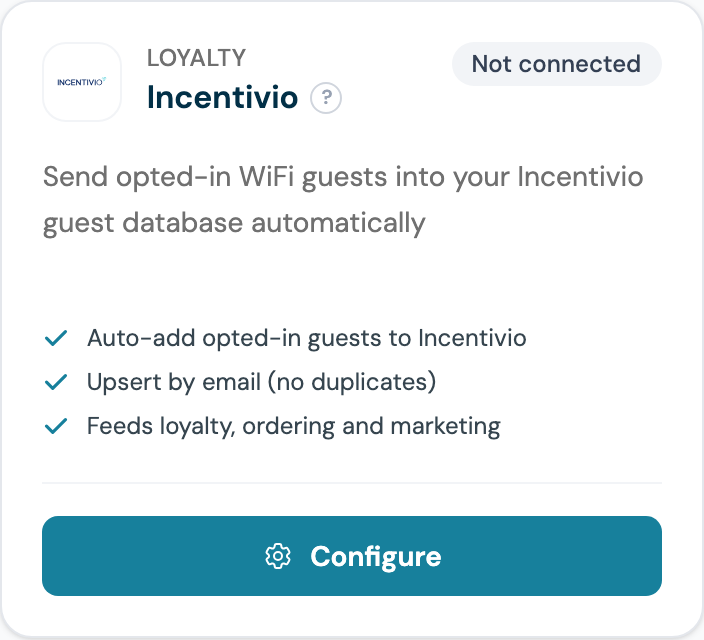 CaptiFi Integrations page Incentivio card showing Not connected and the Configure button