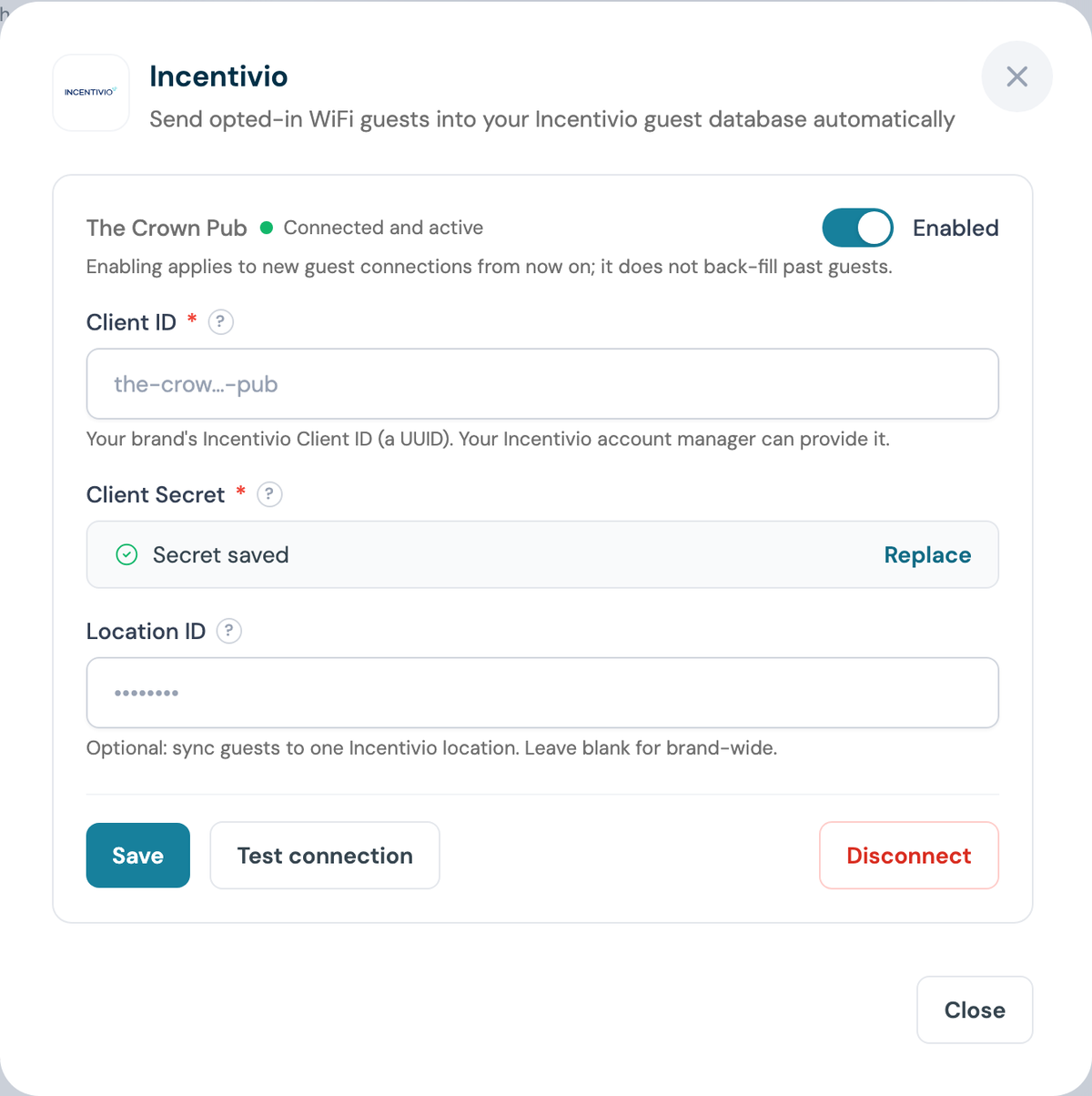 CaptiFi Incentivio integration enabled for the venue