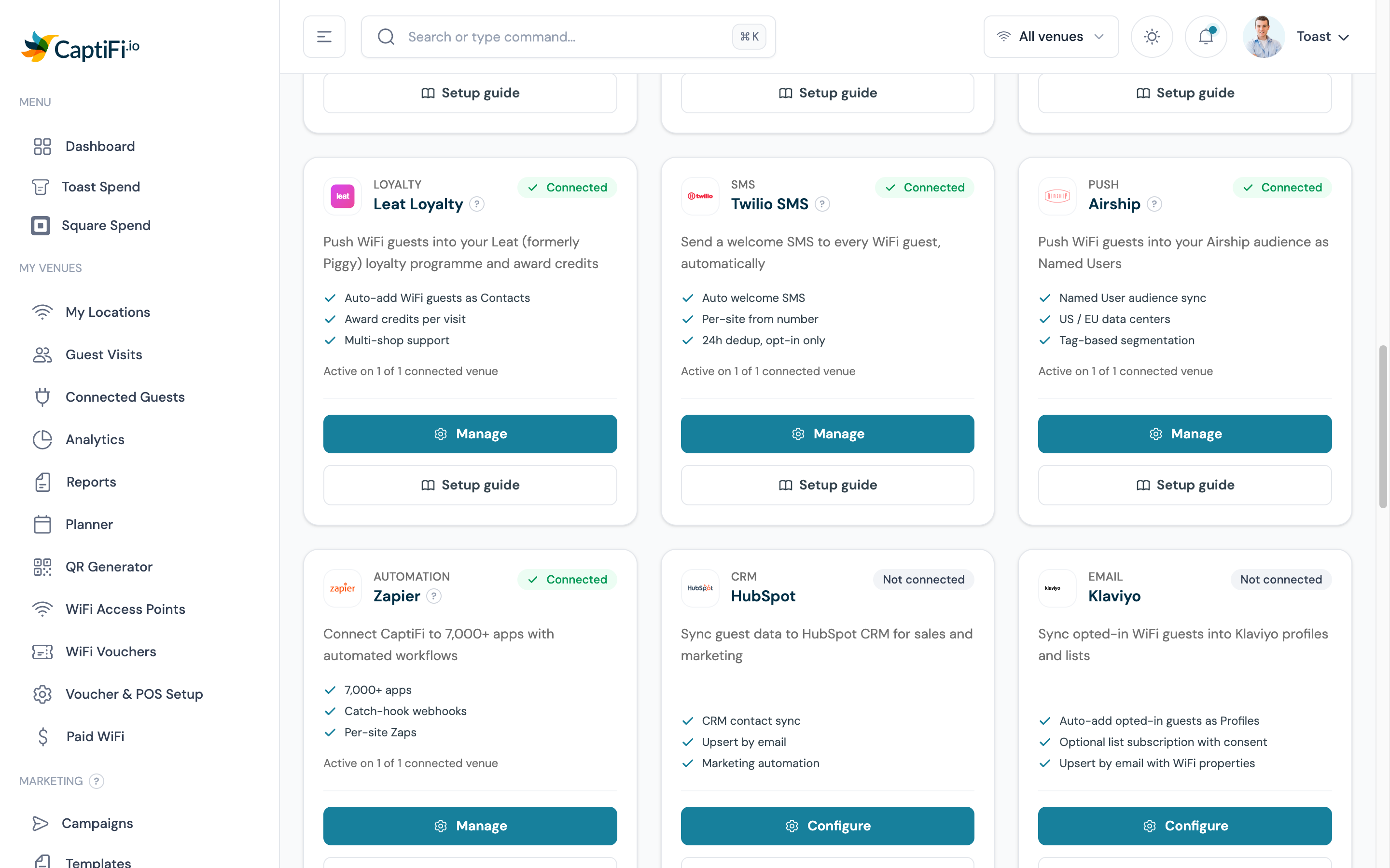 The CaptiFi Integrations provider cards showing Leat Loyalty and Airship as Connected with Manage buttons, and HubSpot and Klaviyo as Not connected with Configure buttons