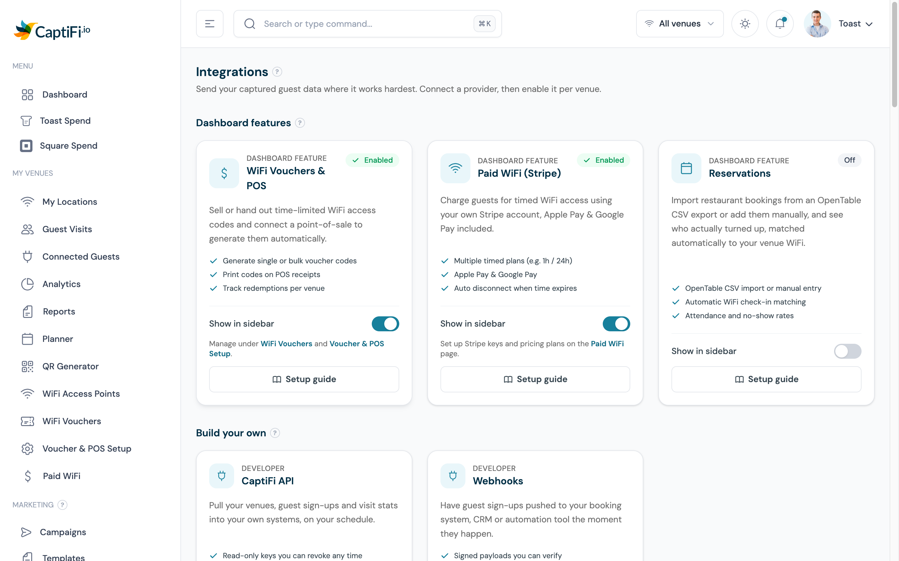 The CaptiFi Integrations page showing dashboard feature cards and the developer section