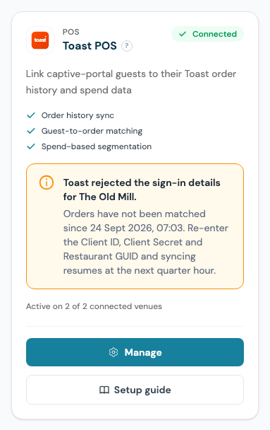The Toast POS card on the Integrations page carrying the warning that Toast rejected the sign-in details for The Old Mill