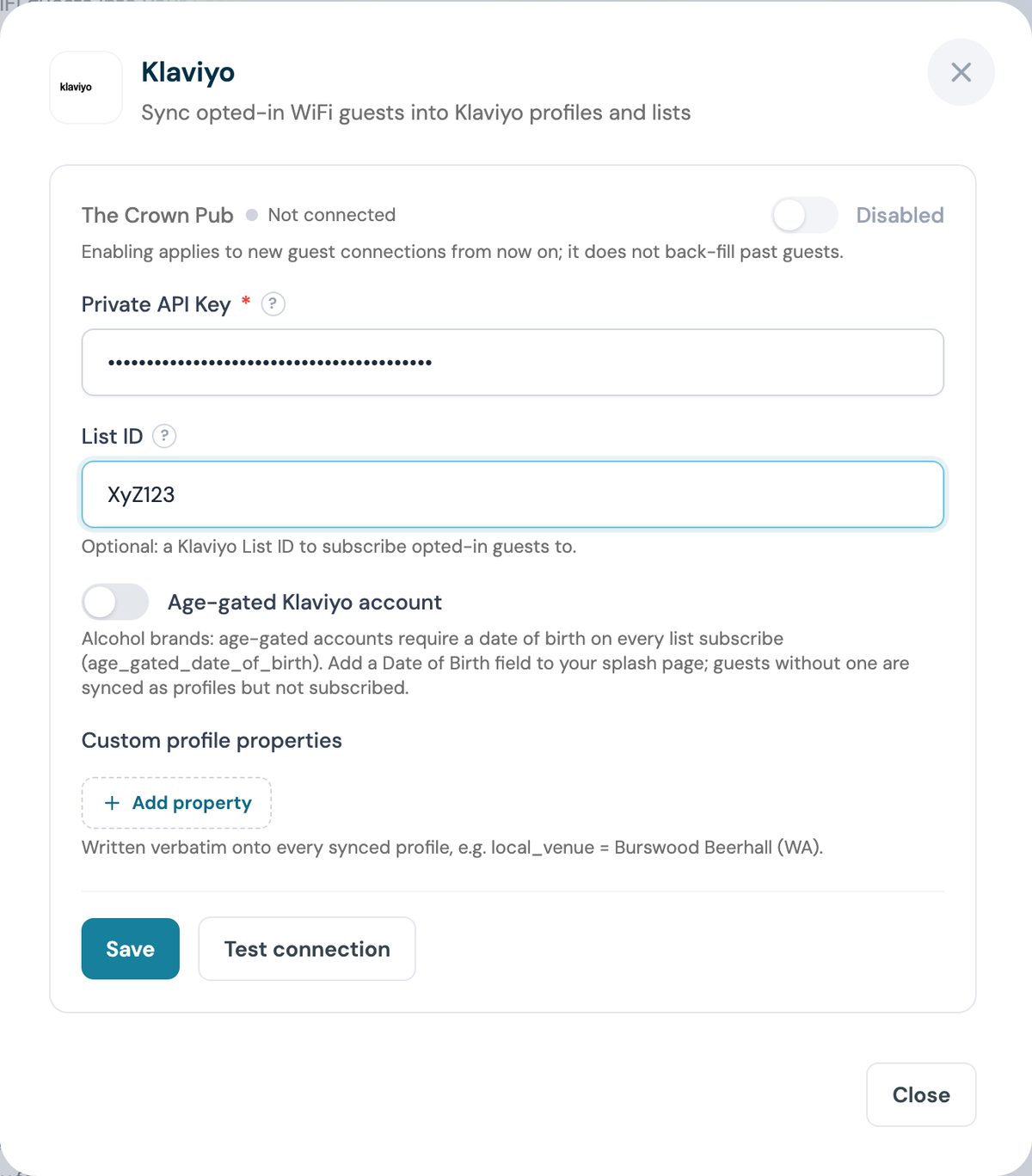 CaptiFi Klaviyo configuration panel with the private API key entered and a List ID filled in
