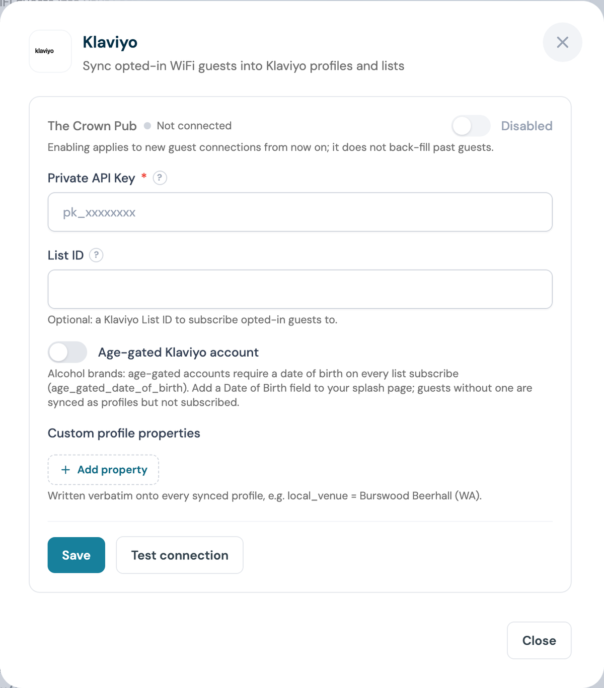 CaptiFi Klaviyo configuration panel with the Private API Key and List ID fields empty