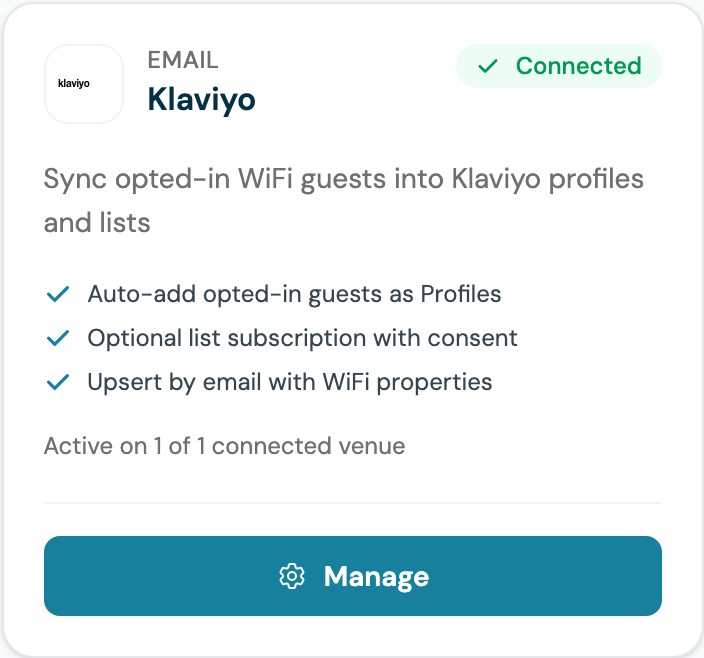CaptiFi Integrations page Klaviyo card showing Connected and active on one venue
