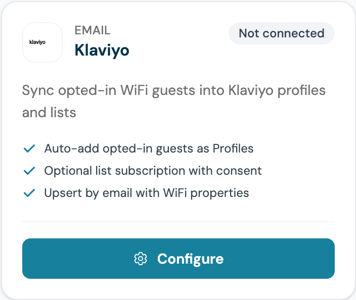 CaptiFi Integrations page Klaviyo card showing Not connected and the Configure button