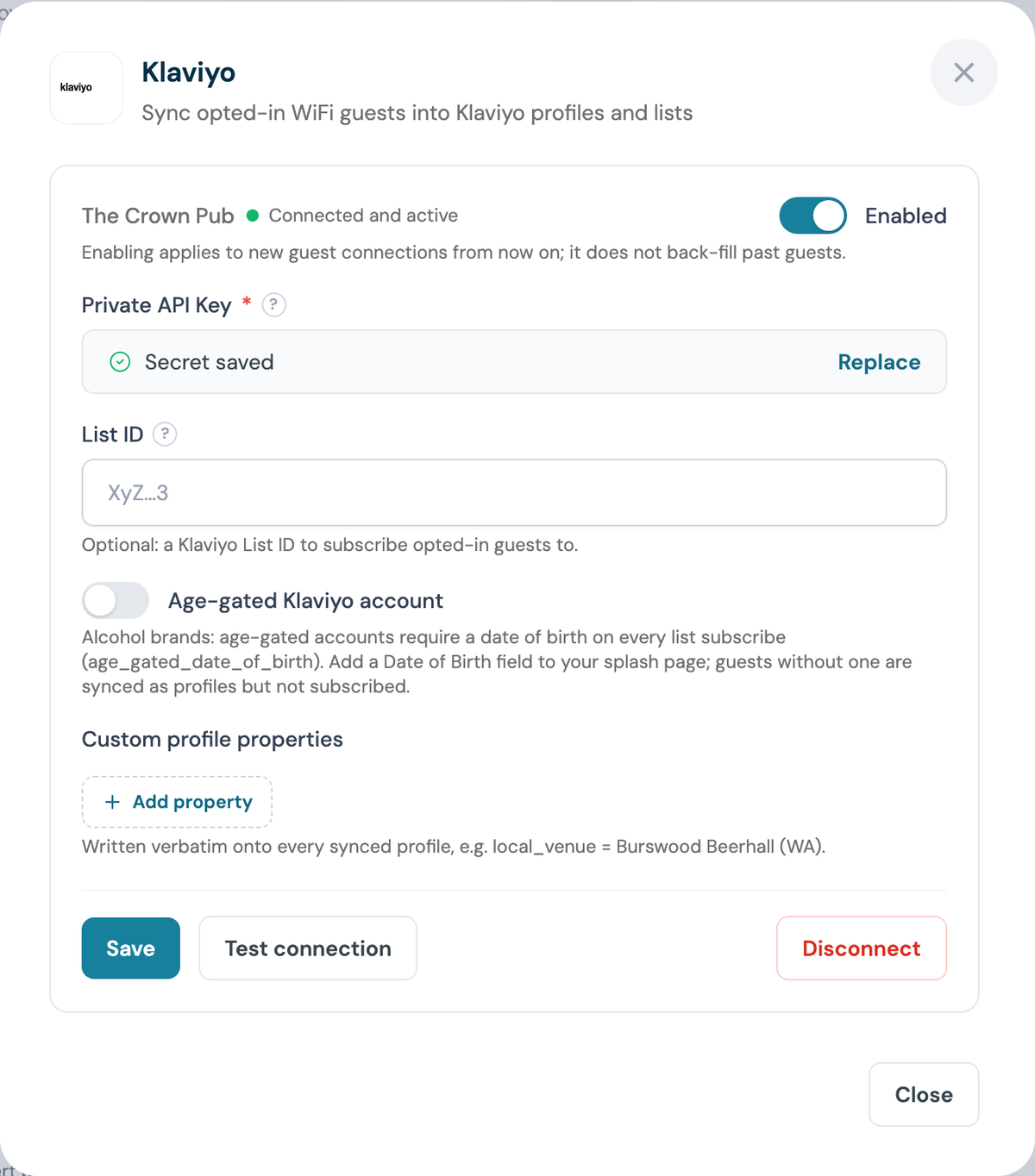 CaptiFi Klaviyo integration enabled for the venue