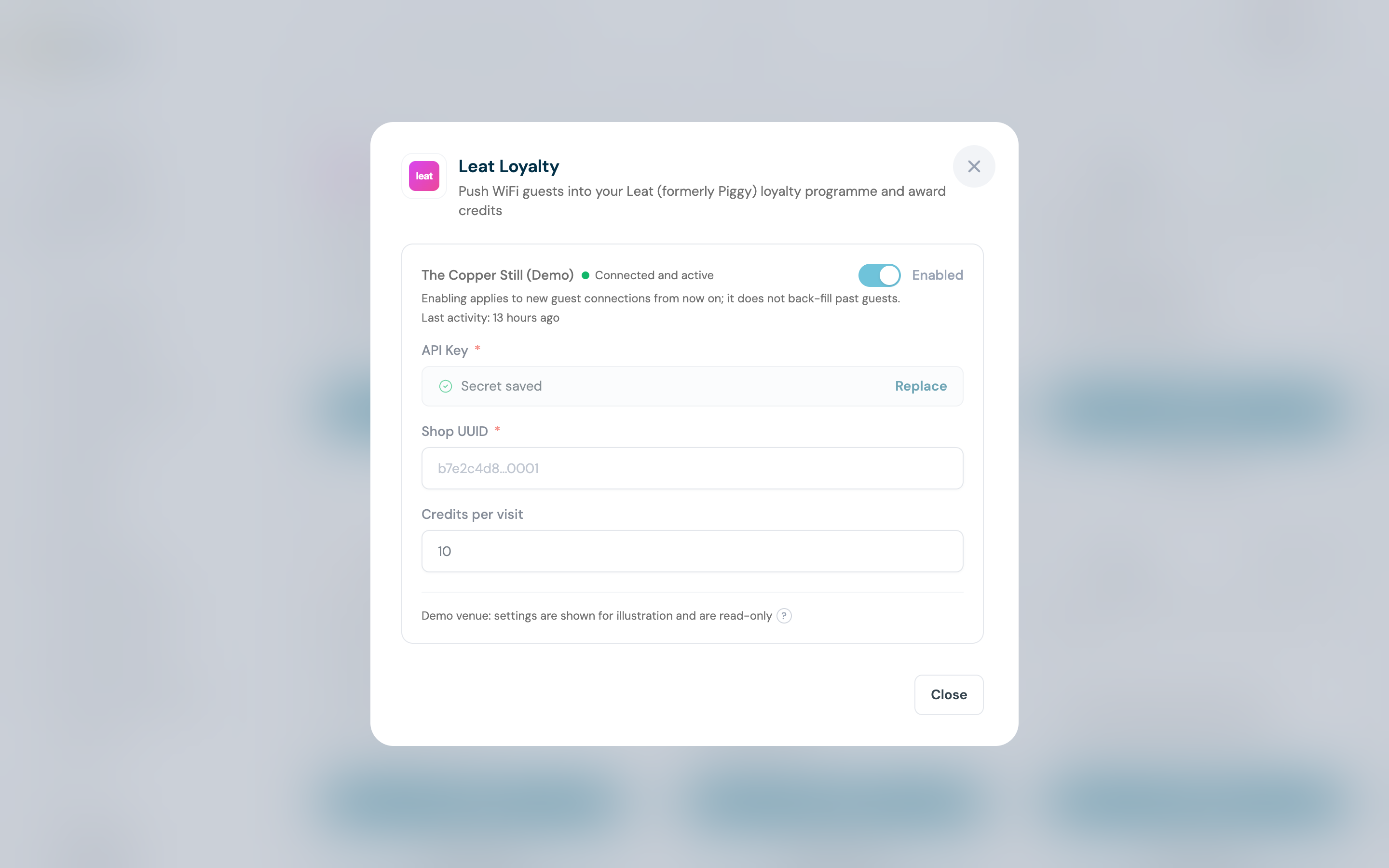 The CaptiFi Leat Loyalty configuration panel showing the venue toggle, a saved API key, the Shop UUID field and the credits amount