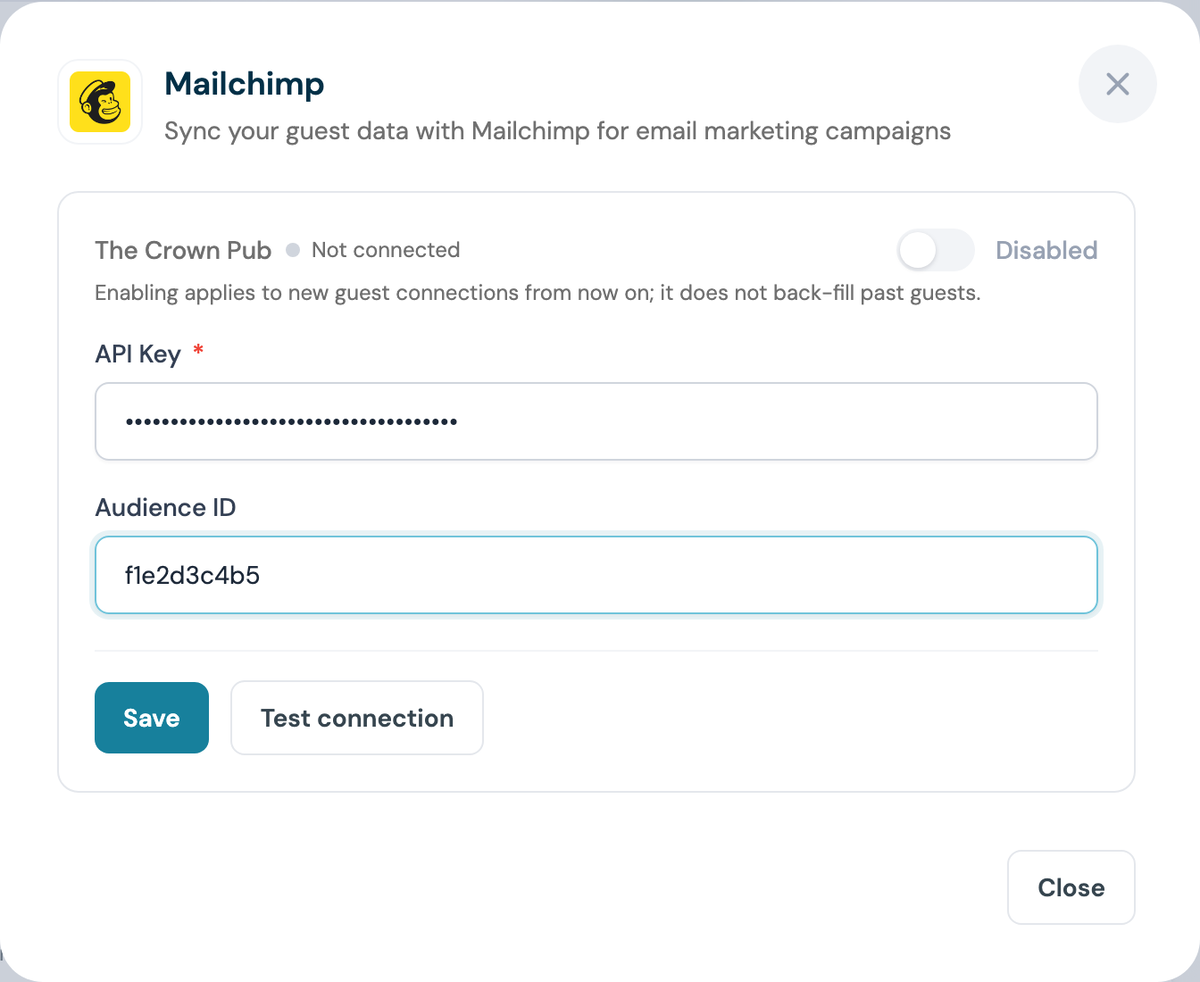 CaptiFi Mailchimp configuration panel with the API key and Audience ID entered