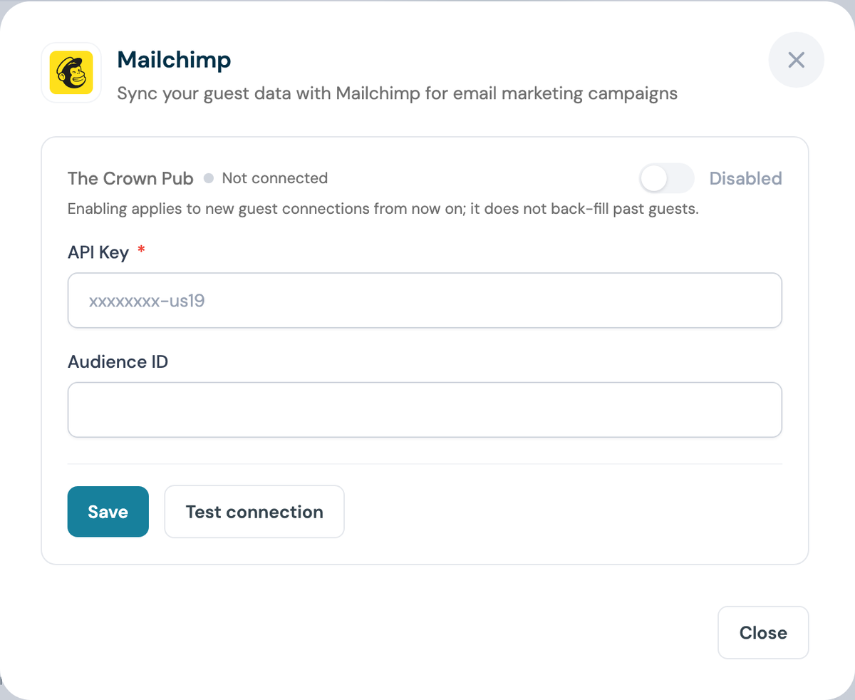 CaptiFi Mailchimp configuration panel with empty API Key and Audience ID fields