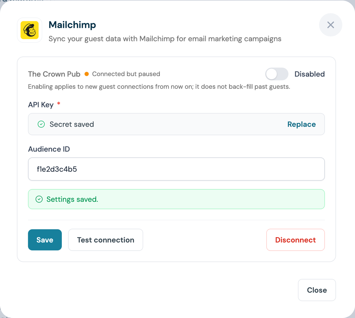 CaptiFi Mailchimp panel after saving, showing the secret saved and settings saved confirmation