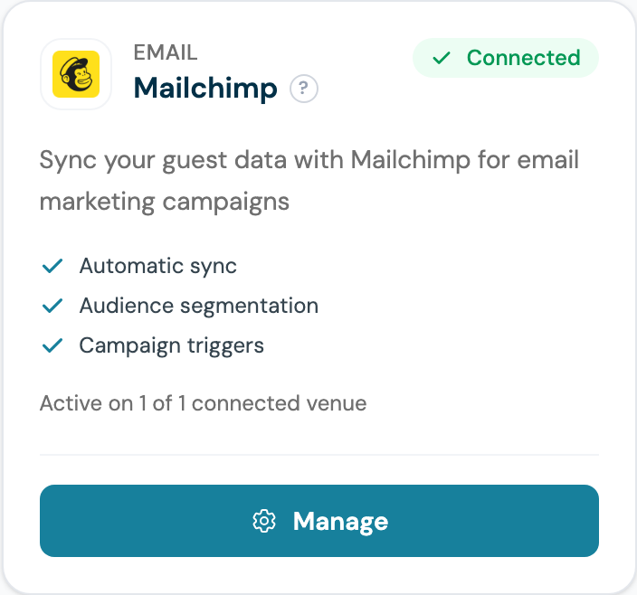 CaptiFi Integrations page Mailchimp card showing Connected and active on one venue