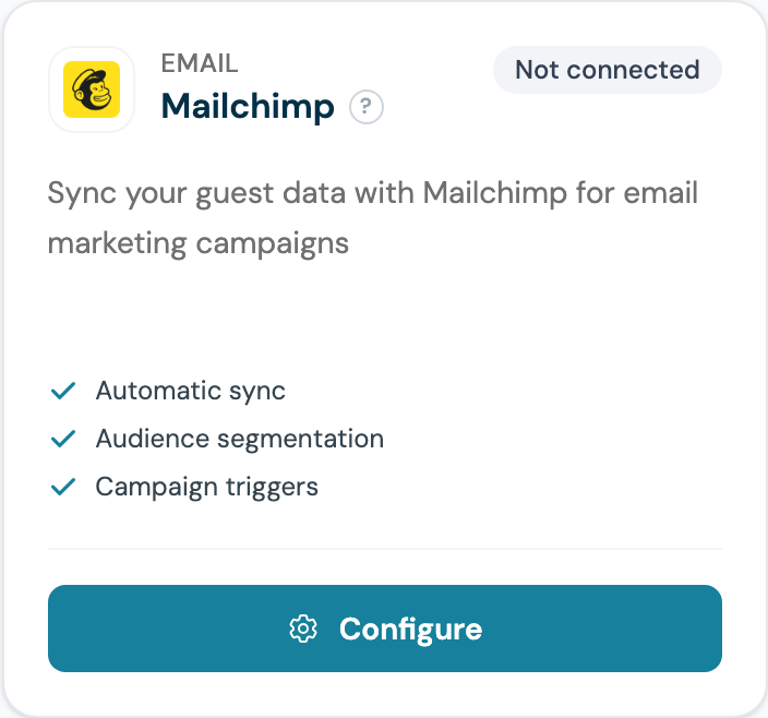 CaptiFi Integrations page Mailchimp card showing Not connected and the Configure button