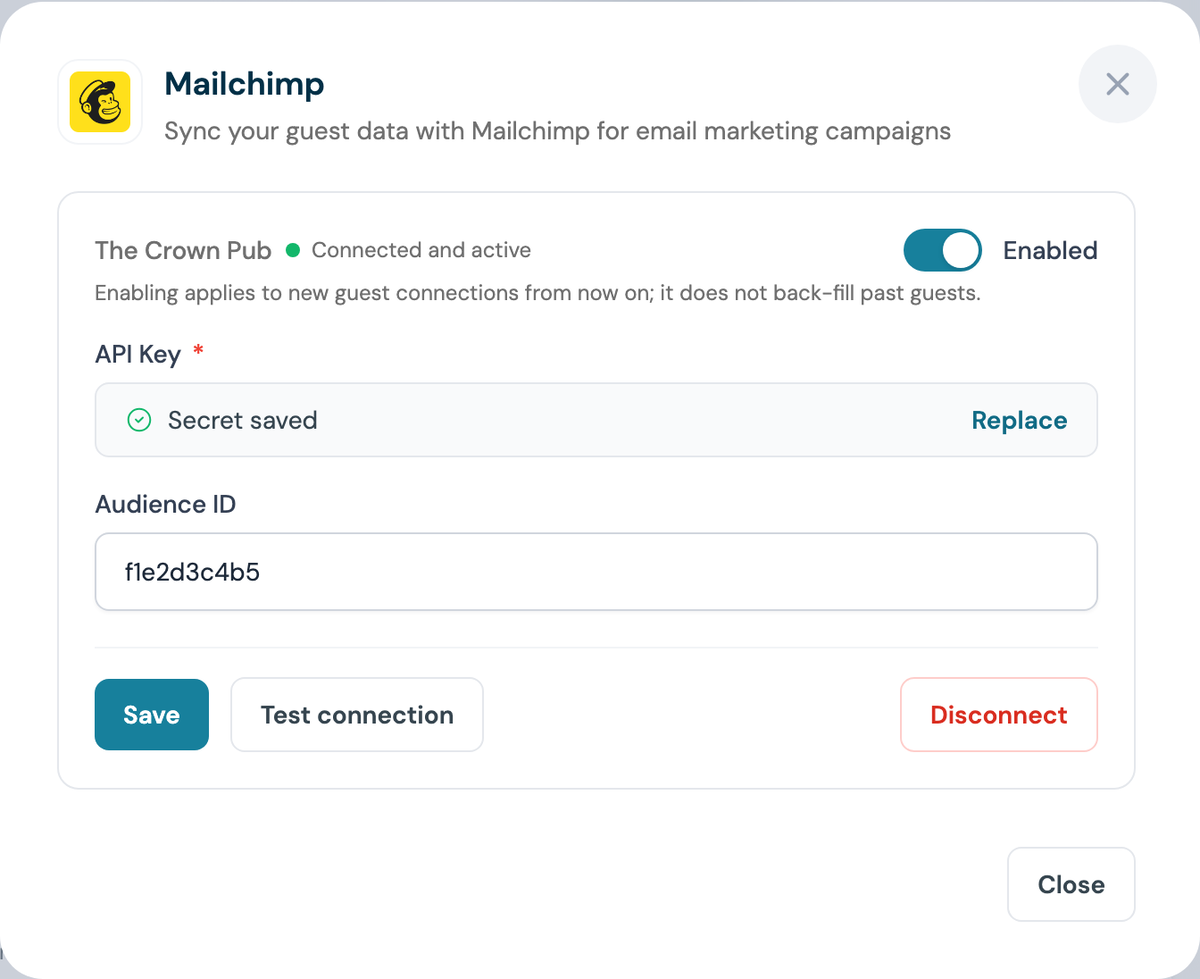 CaptiFi Mailchimp integration enabled for the venue