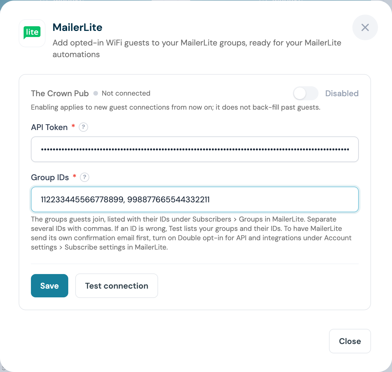 CaptiFi MailerLite configuration panel with the API token and two group IDs entered