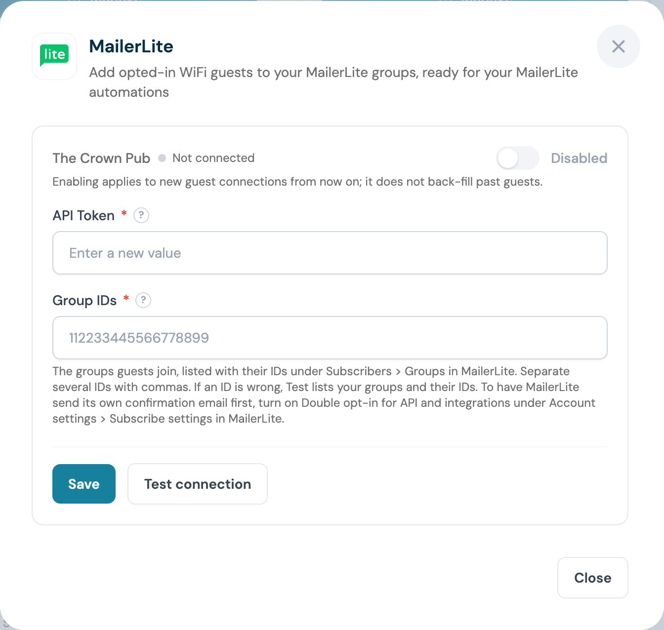 CaptiFi MailerLite configuration panel with the API Token and Group IDs fields empty