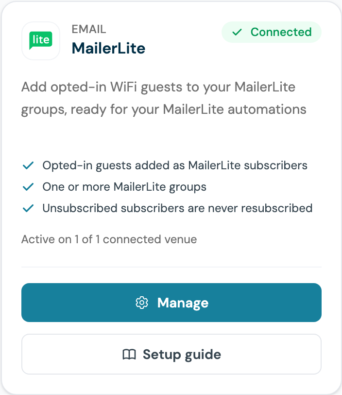 CaptiFi Integrations page MailerLite card showing Connected and active on one venue