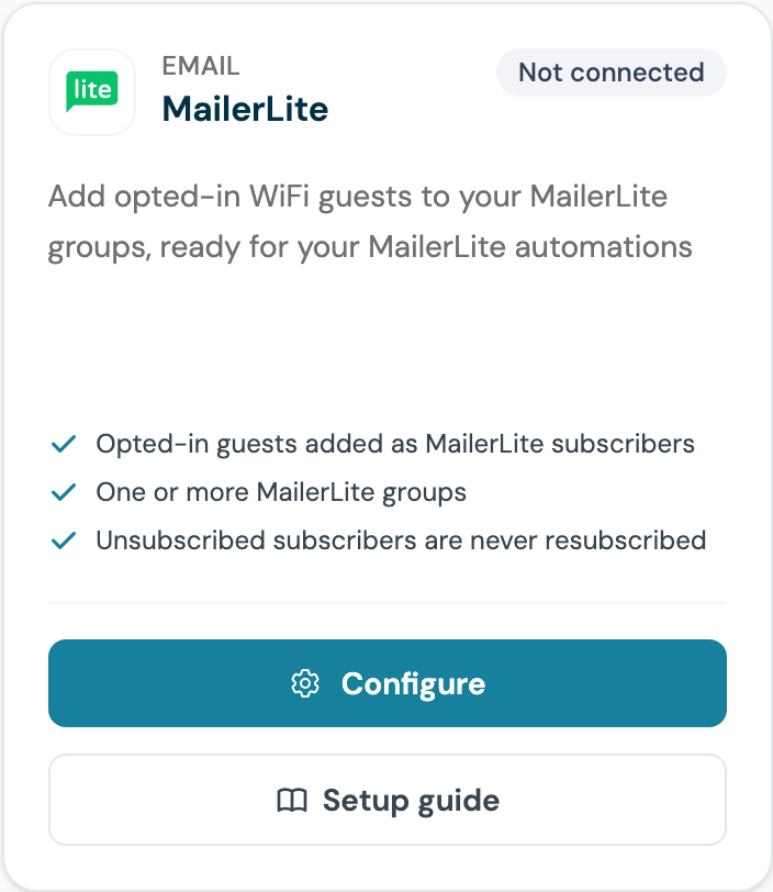 CaptiFi Integrations page MailerLite card showing Not connected, the Configure button and the Setup guide button