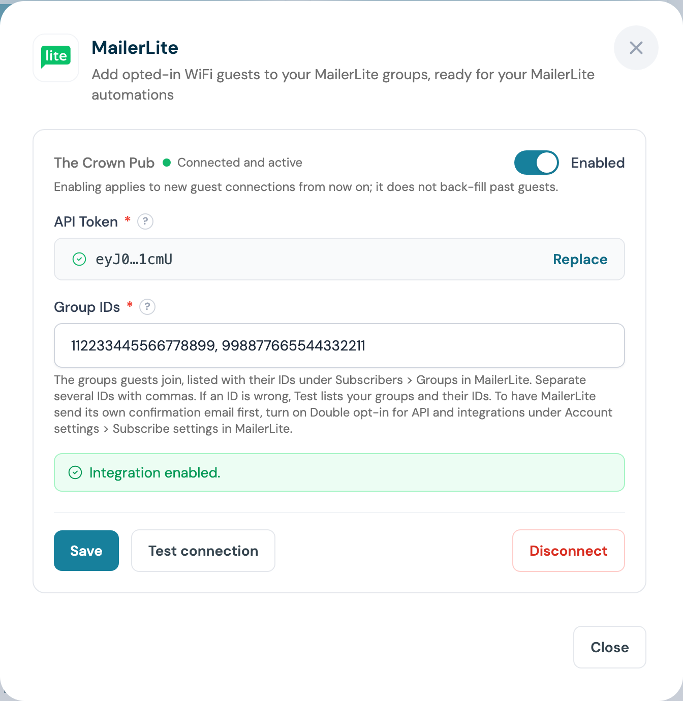 CaptiFi MailerLite panel with the venue toggle on, showing Connected and active