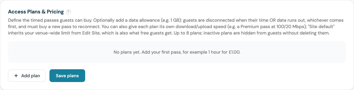 CaptiFi Access Plans and Pricing panel with a one hour pass configured