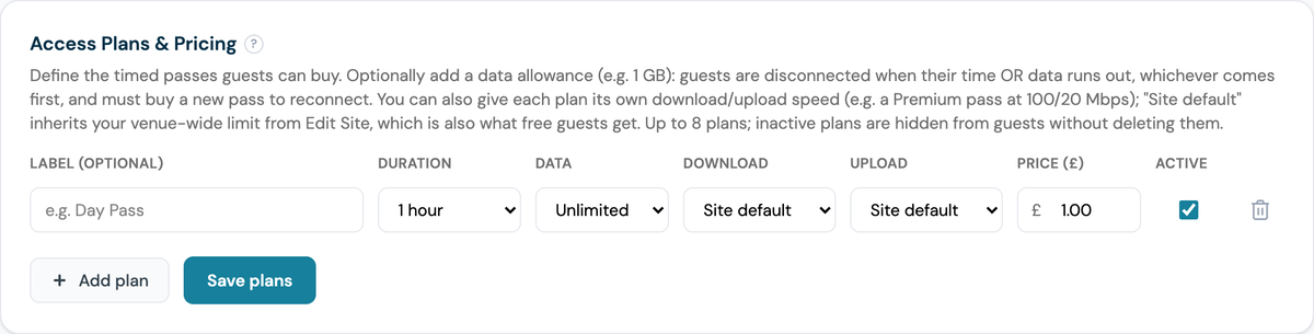 CaptiFi Access Plans and Pricing panel with an empty plan row