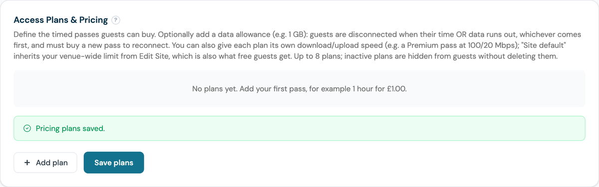 CaptiFi Access Plans and Pricing panel after saving a plan