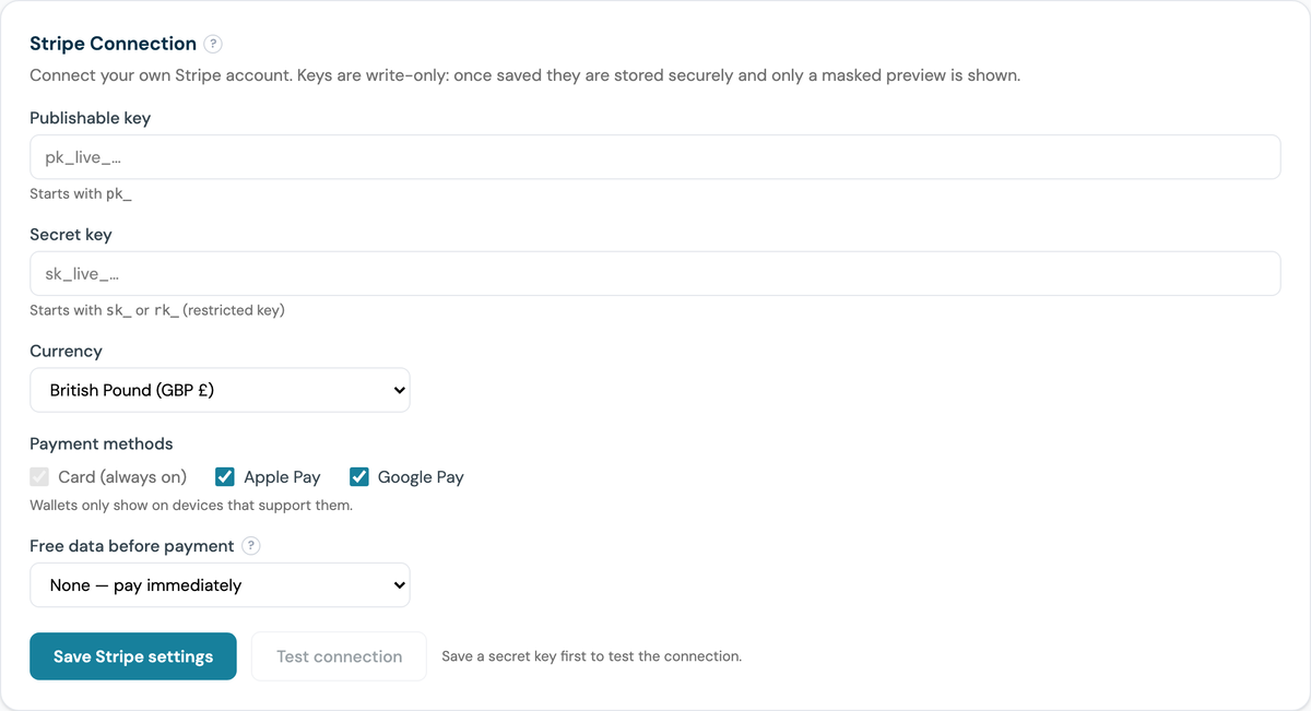 CaptiFi Stripe Connection panel with empty publishable key and secret key fields