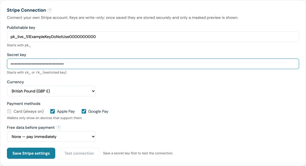 CaptiFi Stripe Connection panel with the publishable and secret keys entered