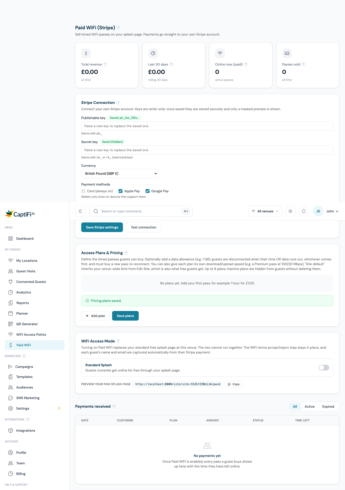 CaptiFi Paid WiFi Stripe page with the Stripe Connection panel, access plans and payments table