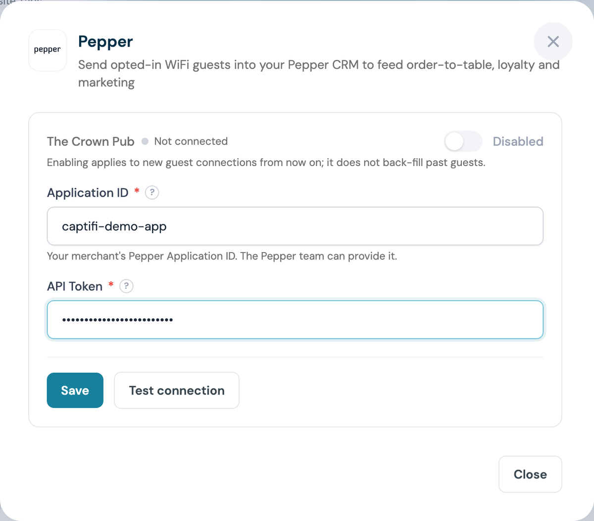 CaptiFi Pepper configuration panel with the Application ID and API Token entered