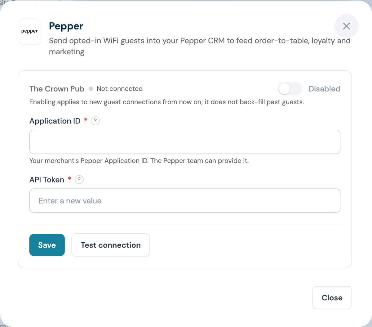 CaptiFi Pepper configuration panel with the Application ID and API Token fields empty