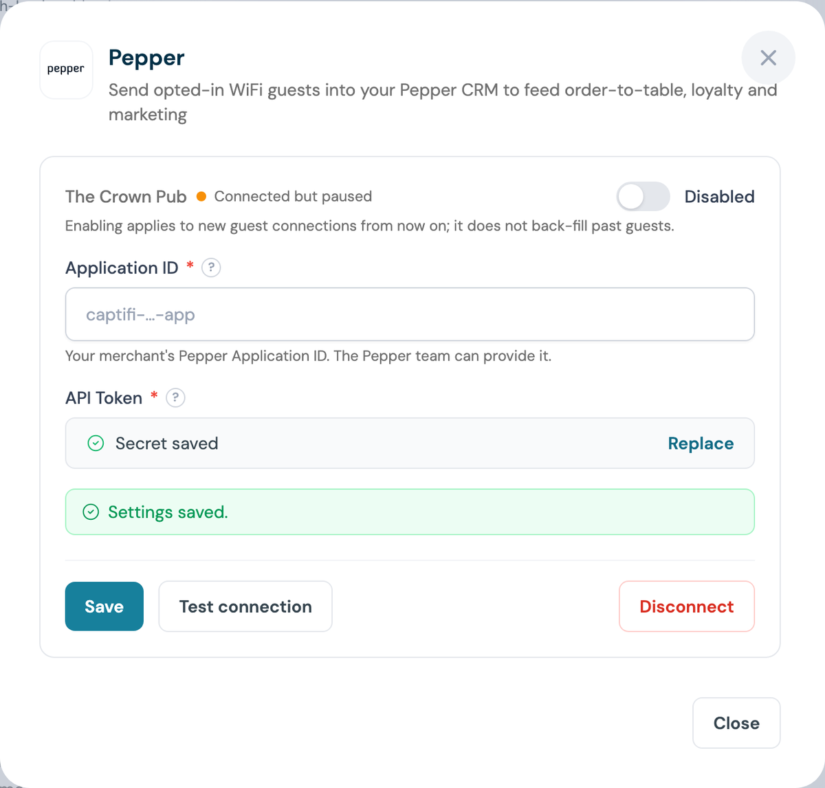 CaptiFi Pepper panel after saving, showing the secret saved confirmation