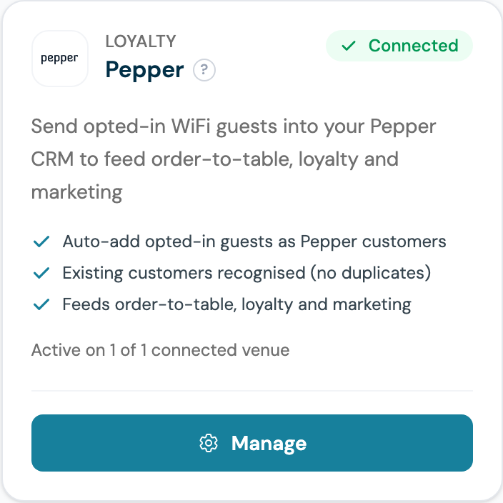 CaptiFi Integrations page Pepper card showing Connected and active on one venue