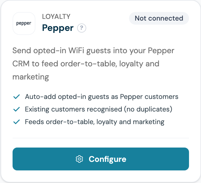 CaptiFi Integrations page Pepper card showing Not connected and the Configure button