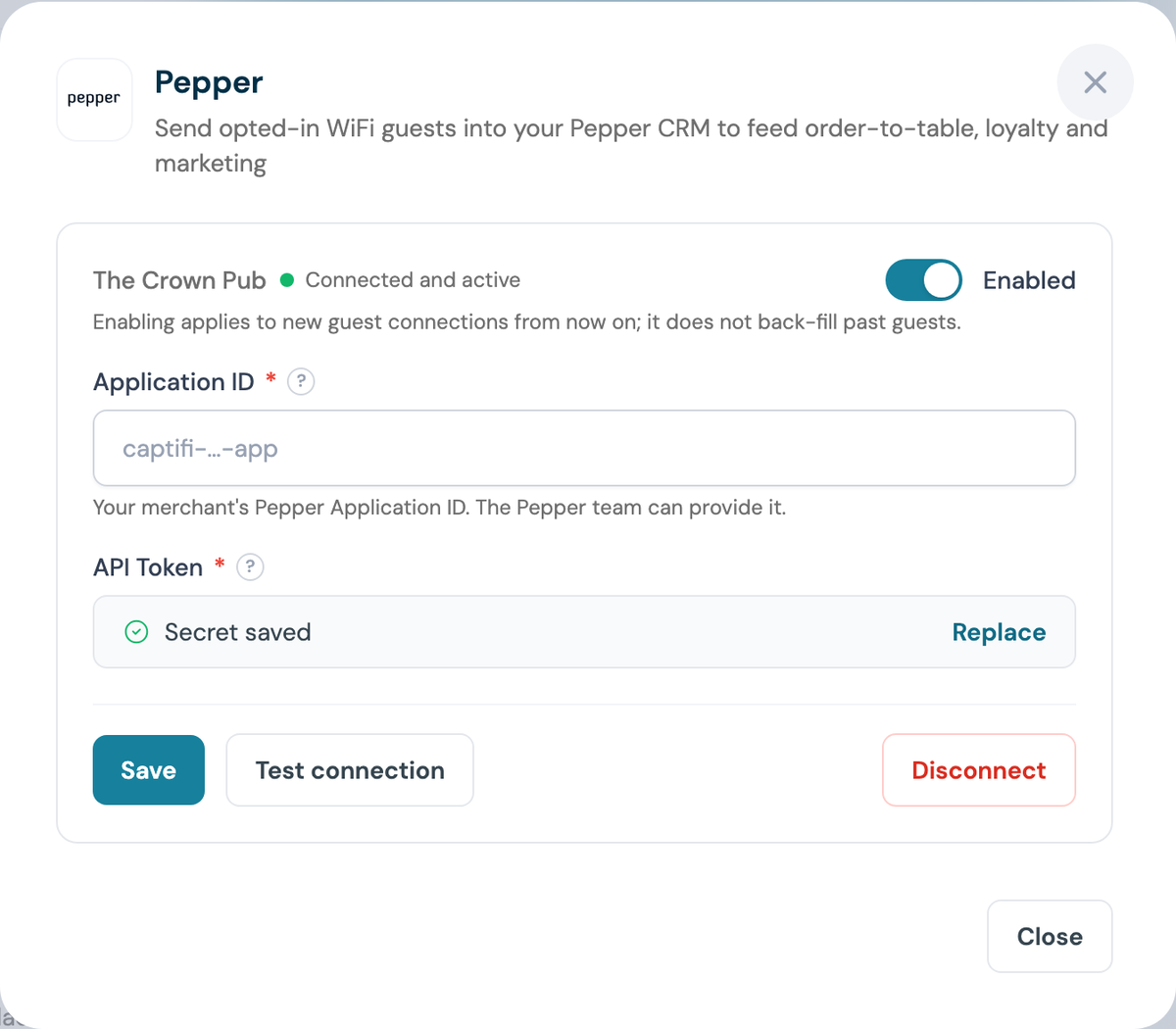 CaptiFi Pepper integration enabled for the venue